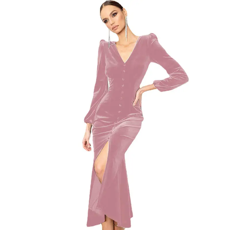 2024 Knitted Long-Sleeve V Neck Dress with Shoulder Pad - Image 10