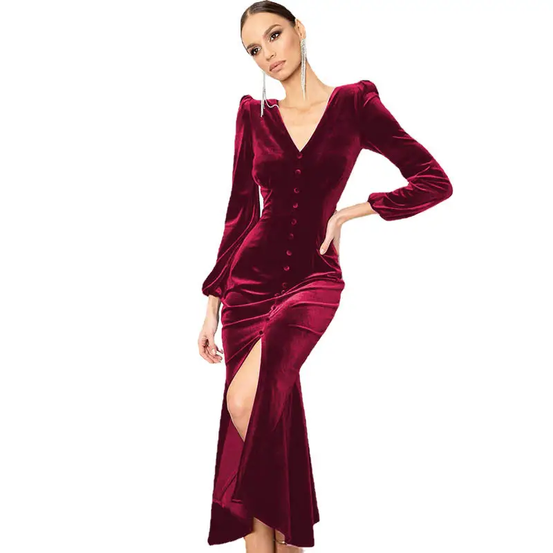 2024 Knitted Long-Sleeve V Neck Dress with Shoulder Pad - Image 2