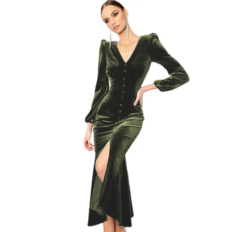 2024 Knitted Long-Sleeve V Neck Dress with Shoulder Pad - Image 3