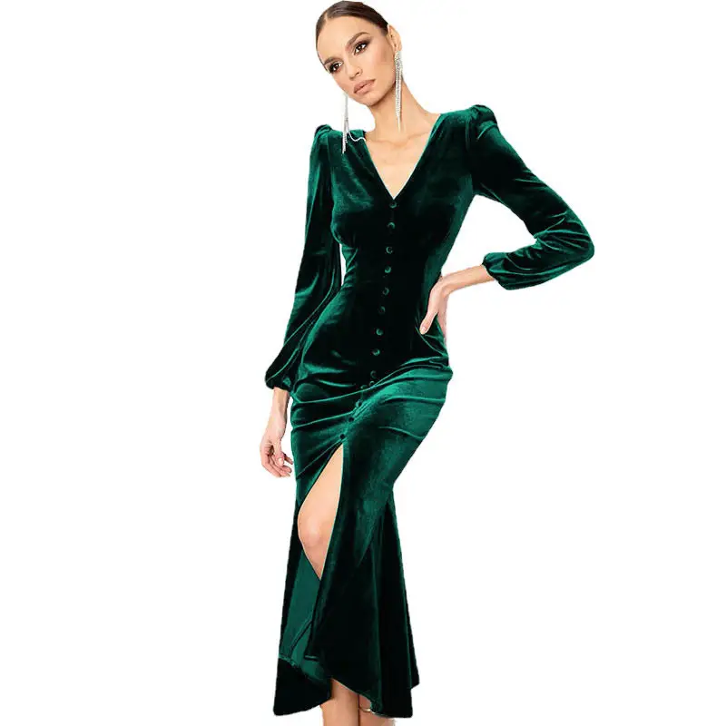 2024 Knitted Long-Sleeve V Neck Dress with Shoulder Pad - Image 4