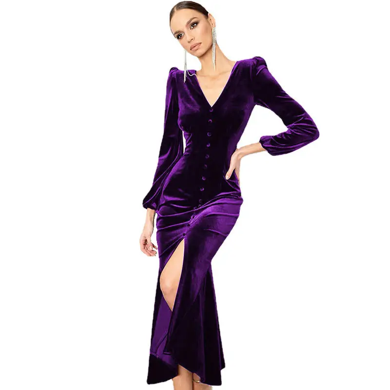 2024 Knitted Long-Sleeve V Neck Dress with Shoulder Pad - Image 5