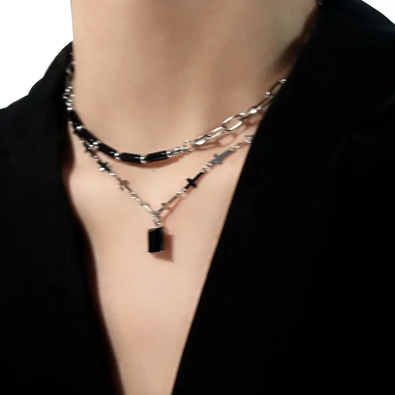 2025 Unisex Black Gemstone Double Layer Zircon Necklace Clavicle — feature 3