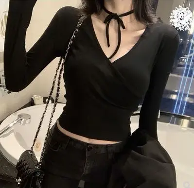 Women Grey V-Neck Long Sleeve Slim Fit Top