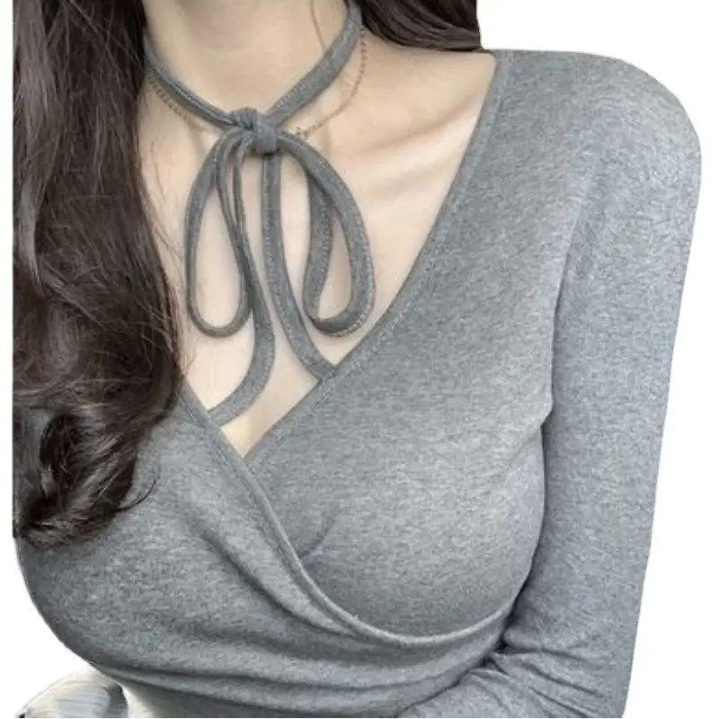 Women Grey V-Neck Long Sleeve Slim Fit Top