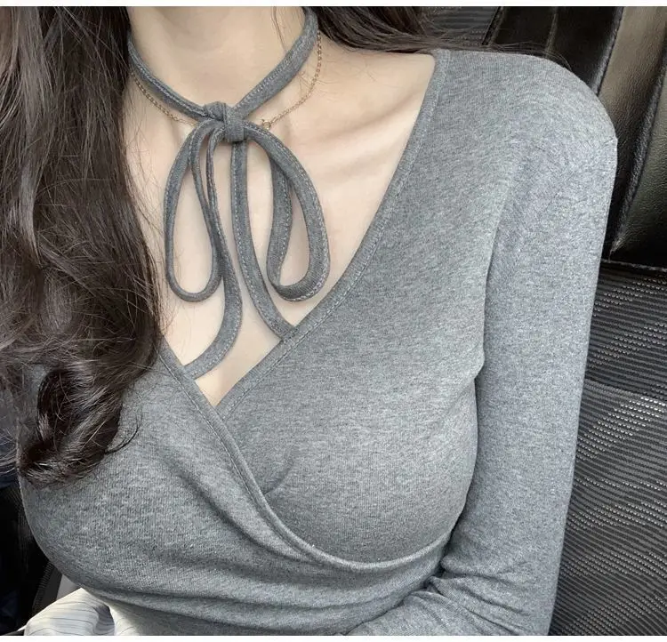 Women Grey V-Neck Long Sleeve Slim Fit Top — feature 4