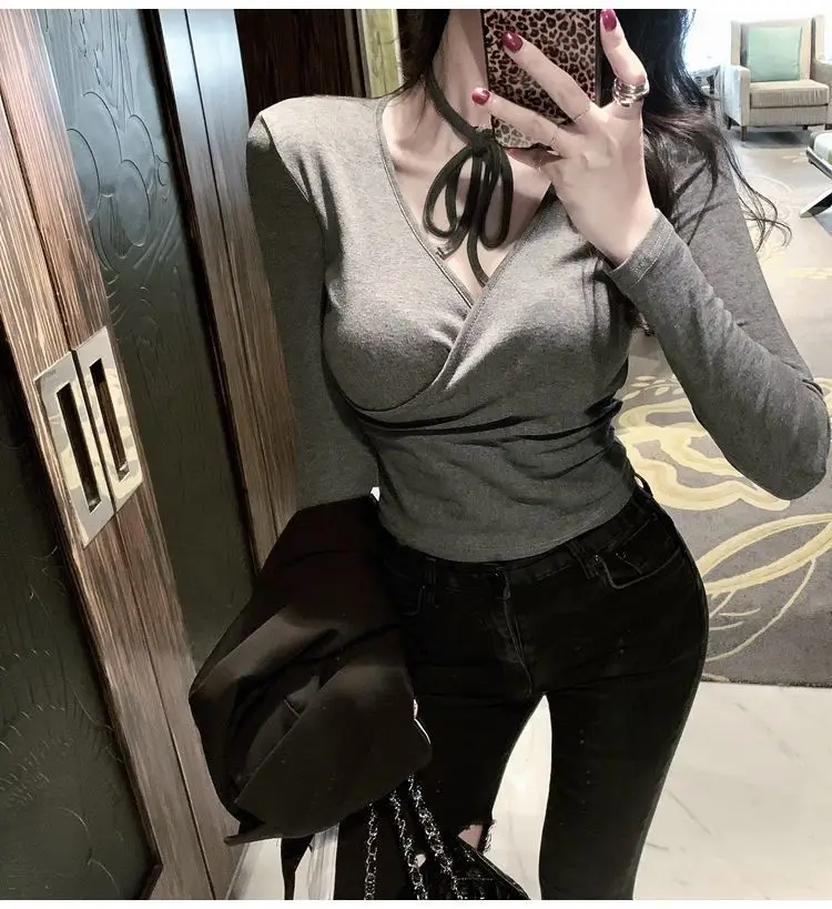 Women Grey V-Neck Long Sleeve Slim Fit Top — feature 5