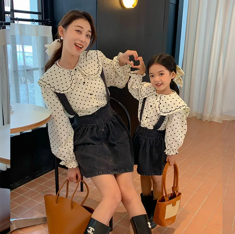 Korean Wave Point Shirt + Denim Strap Skirt Set