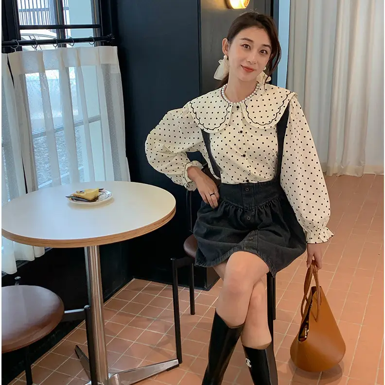 Korean Wave Point Shirt + Denim Strap Skirt Set