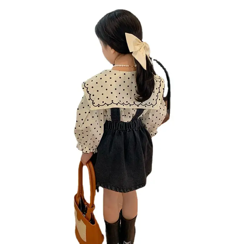Korean Wave Point Shirt + Denim Strap Skirt Set