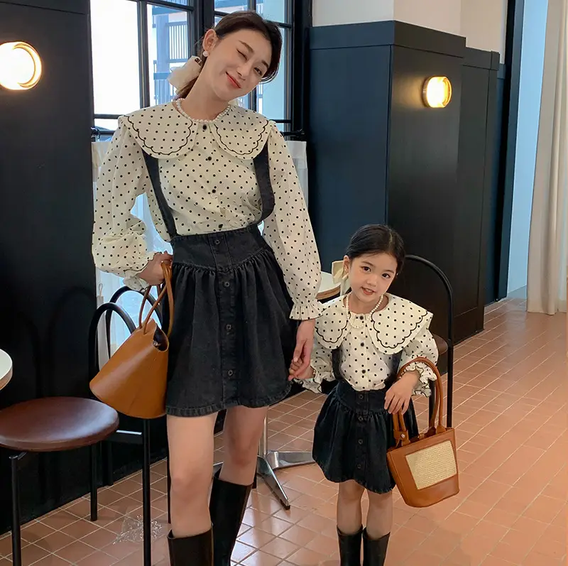 Korean Wave Point Shirt + Denim Strap Skirt Set