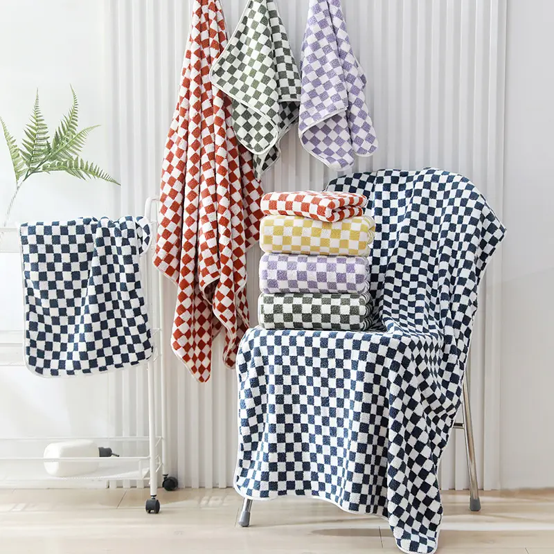 Coral Fleece Checkerboard Bath Towel Large Soft Absorbent - Image 8