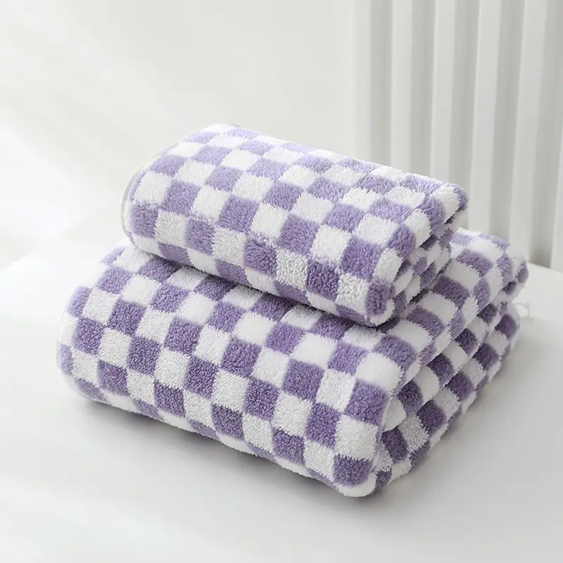 Coral Fleece Checkerboard Bath Towel Large Soft Absorbent - Image 2
