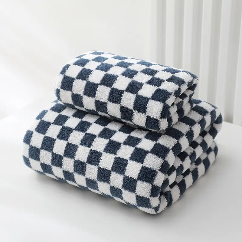 Coral Fleece Checkerboard Bath Towel Large Soft Absorbent - Image 4