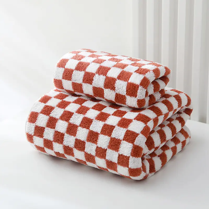 Coral Fleece Checkerboard Bath Towel Large Soft Absorbent - Image 5