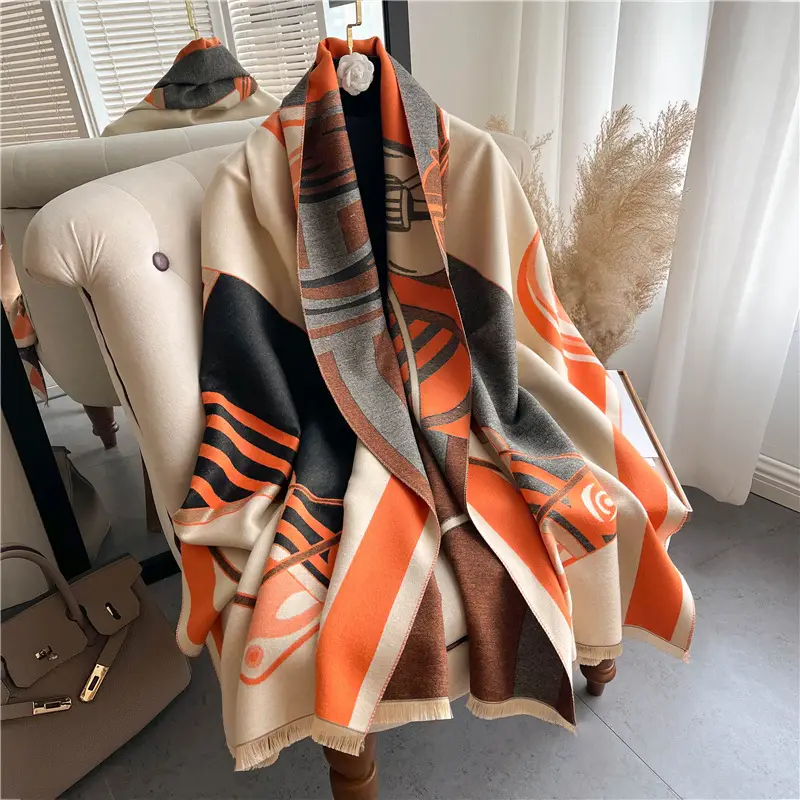 Women's Orange Printed Cashmere Shawl 2022 Winter Warm - Image 2