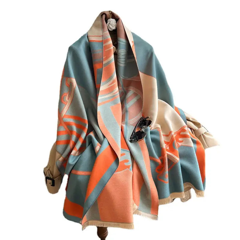 Women's Orange Printed Cashmere Shawl 2022 Winter Warm - Image 7