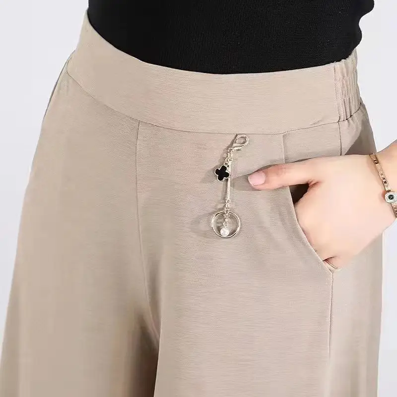 Women's Ice Silk Wide Leg Pants with Elastic Waist & Crop Top - Image 9