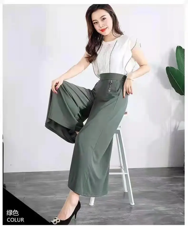 Women's Ice Silk Wide Leg Pants with Elastic Waist & Crop Top — feature 11