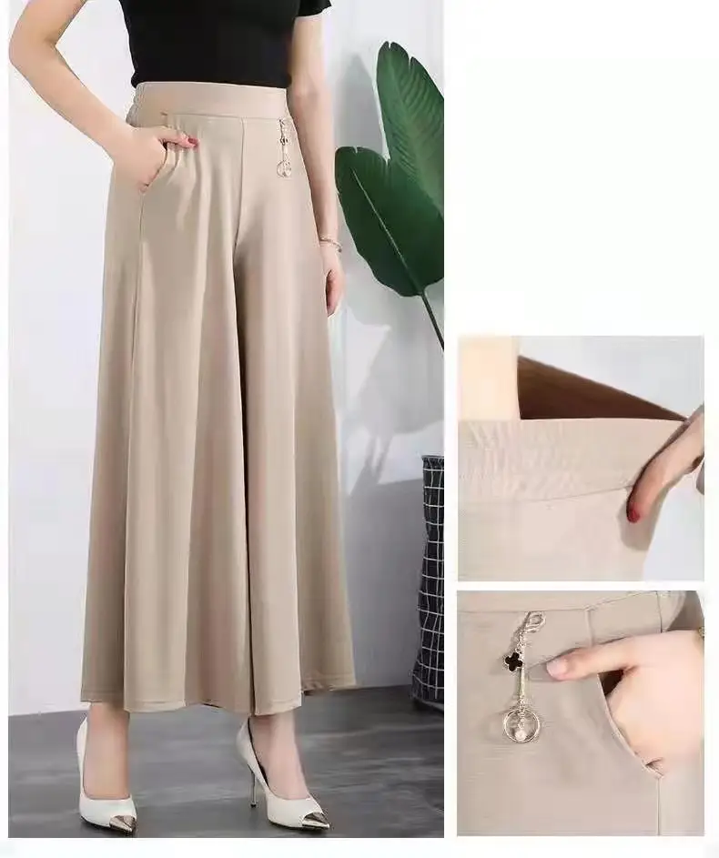 Women's Ice Silk Wide Leg Pants with Elastic Waist & Crop Top — feature 4