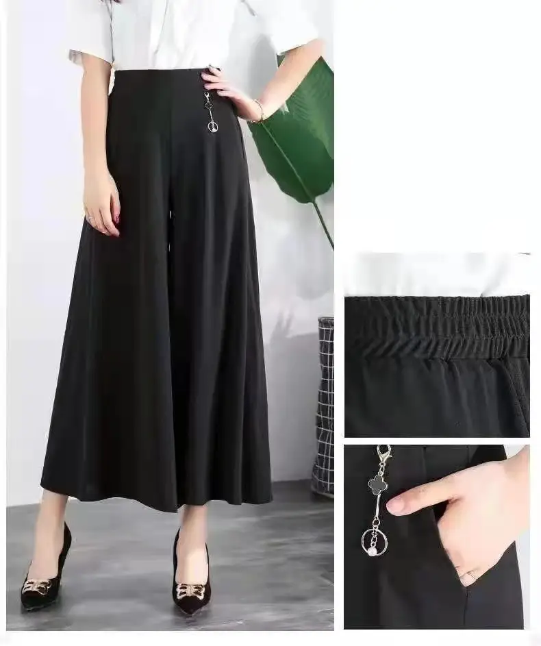 Women's Ice Silk Wide Leg Pants with Elastic Waist & Crop Top — feature 5