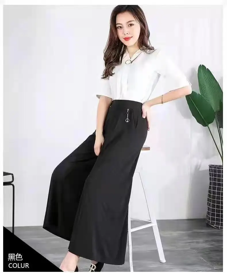 Women's Ice Silk Wide Leg Pants with Elastic Waist & Crop Top - Image 2