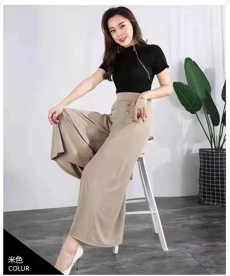 Women's Ice Silk Wide Leg Pants with Elastic Waist & Crop Top - Image 4