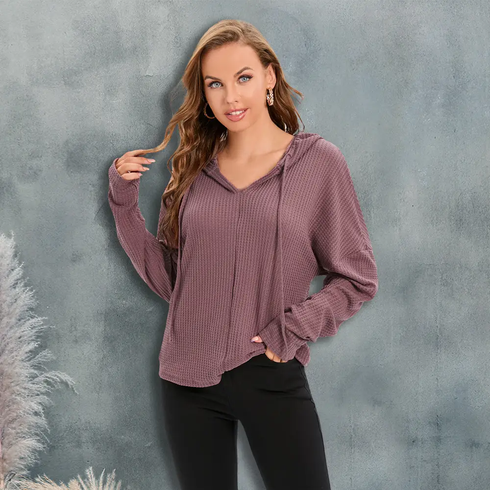 Women's Long Sleeve Hooded Knitwear Set Purple Black - Image 6