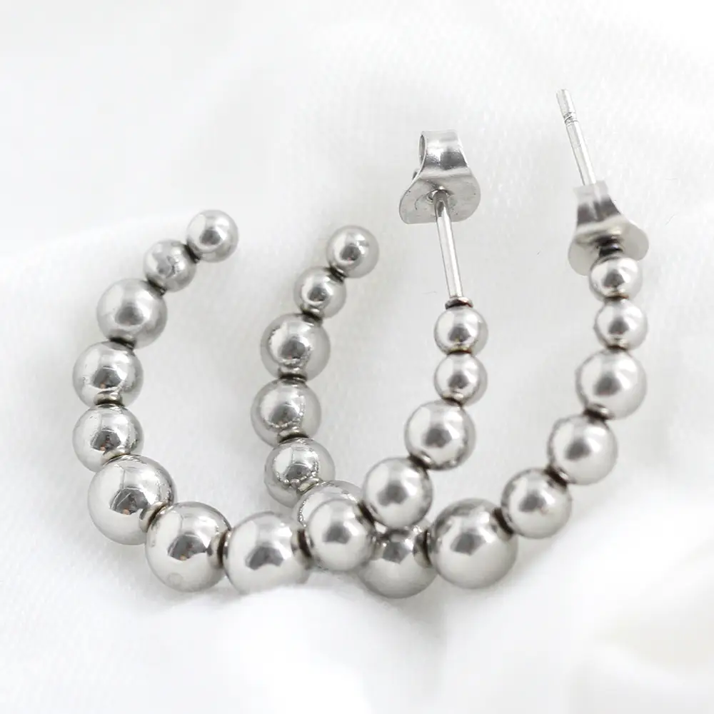 26mm Round Beads Earrings 18K Gold Stainless Steel C-Shaped - Image 4