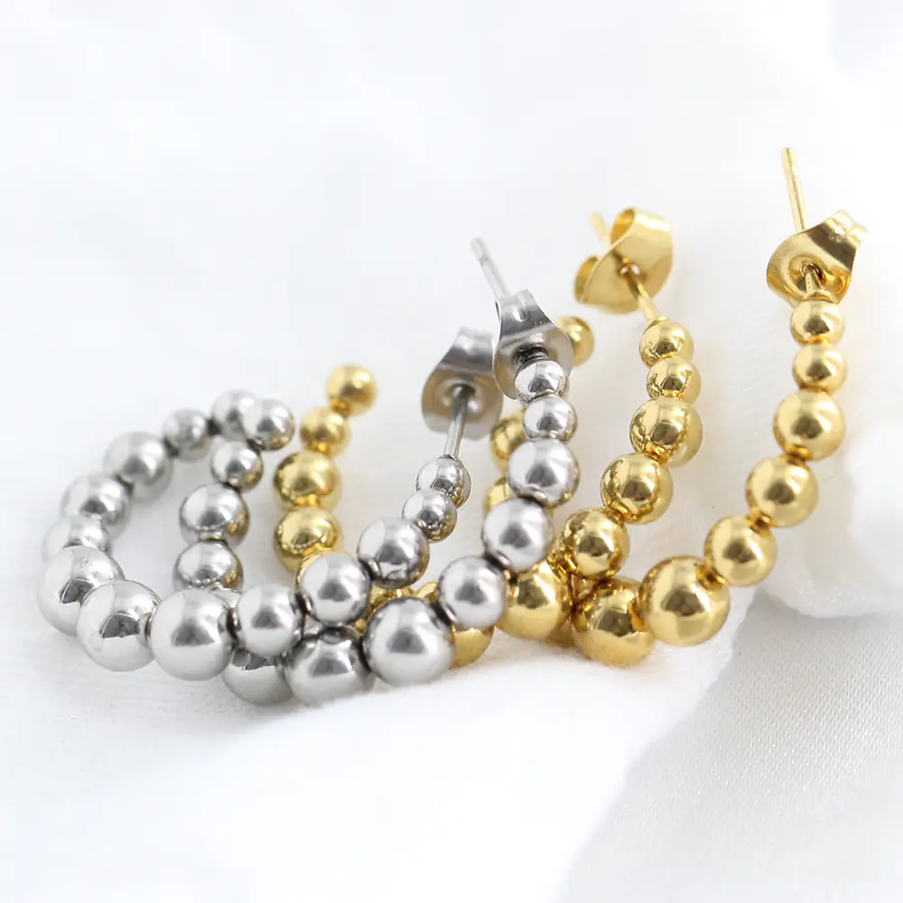 26mm Round Beads Earrings 18K Gold Stainless Steel C-Shaped - Image 7