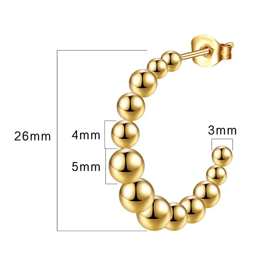 26mm Round Beads Earrings 18K Gold Stainless Steel C-Shaped — feature 2
