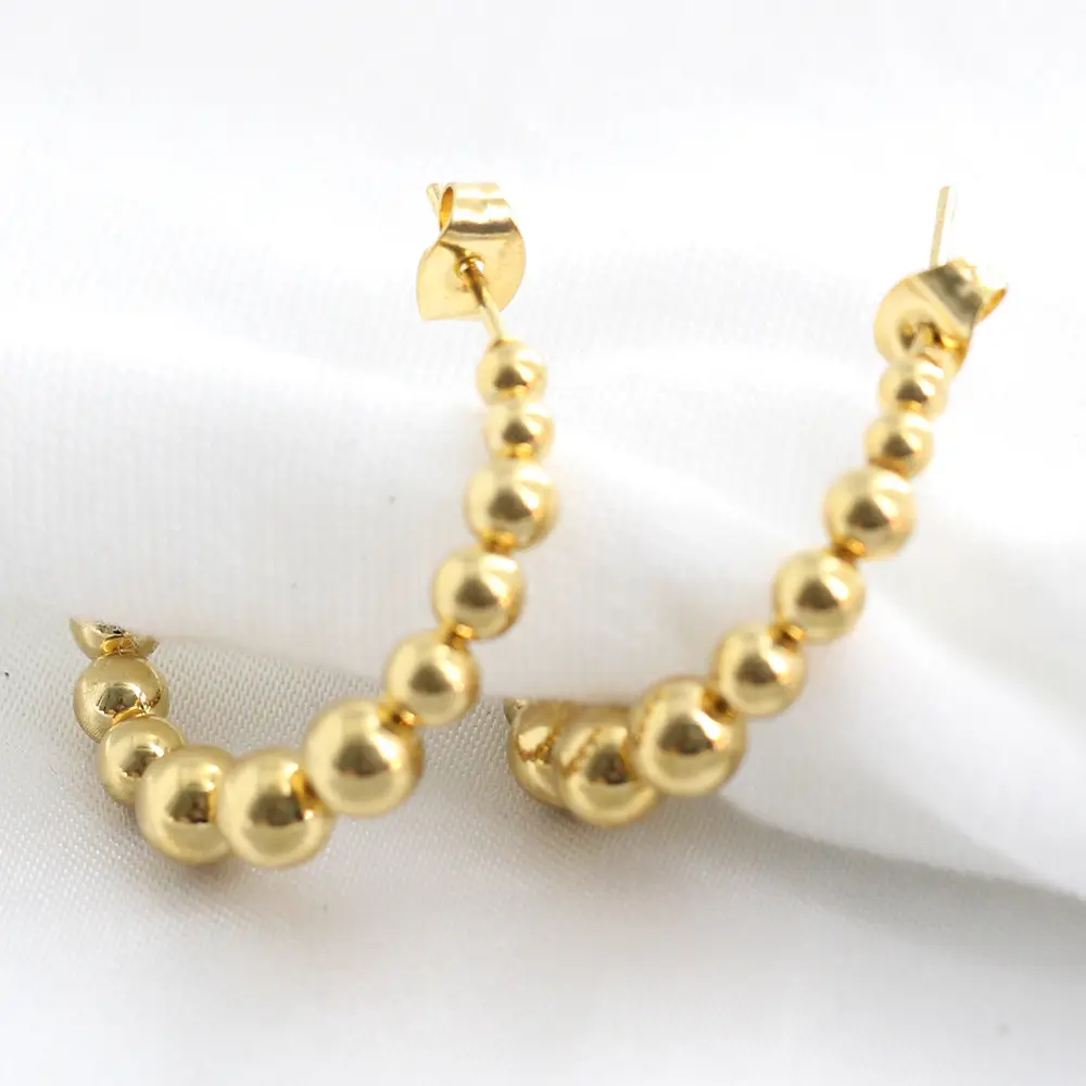 26mm Round Beads Earrings 18K Gold Stainless Steel C-Shaped — feature 6