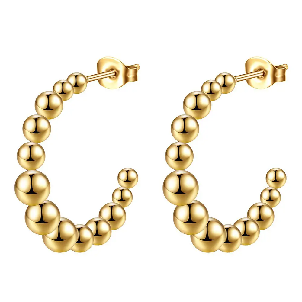 26mm Round Beads Earrings 18K Gold Stainless Steel C-Shaped - Image 2