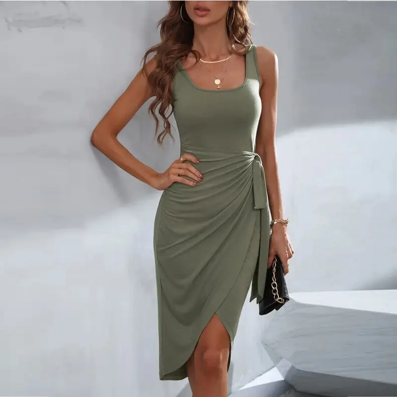 2025 Grey Slim Fit Tie Waist Dress for Women - Image 2