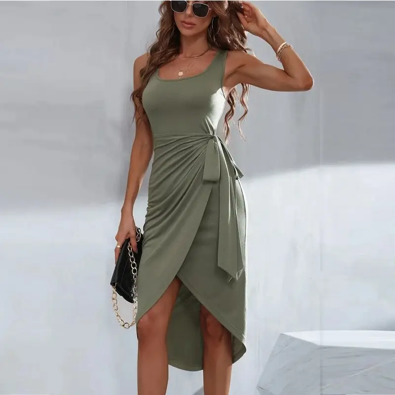 2025 Grey Slim Fit Tie Waist Dress for Women - Image 4
