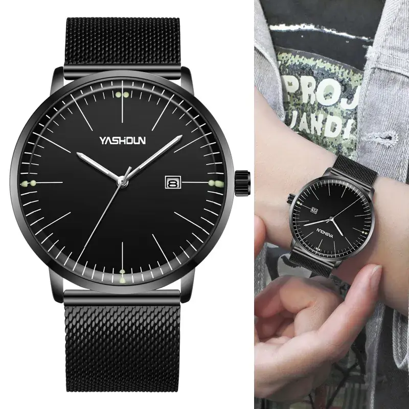 Men's Black Mesh Watch with Date Display - Image 3