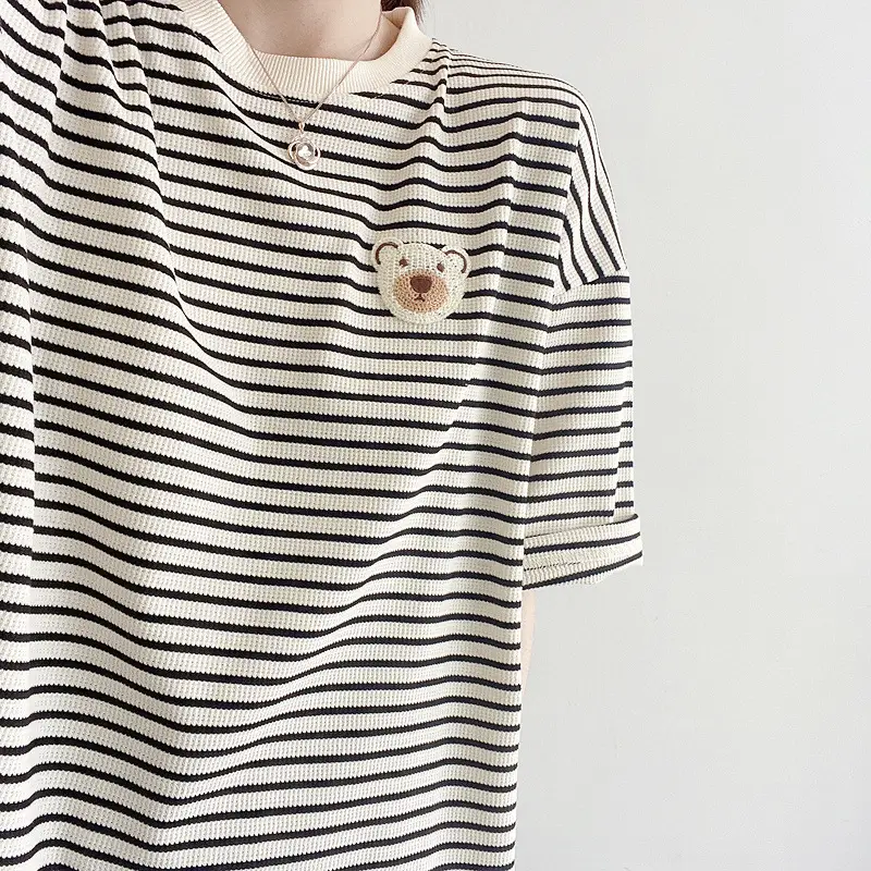 Women Cotton Striped T-Shirt Short Sleeve Round Neck - Image 3