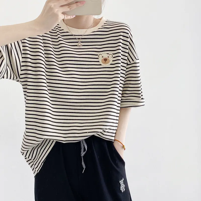 Women Cotton Striped T-Shirt Short Sleeve Round Neck - Image 4