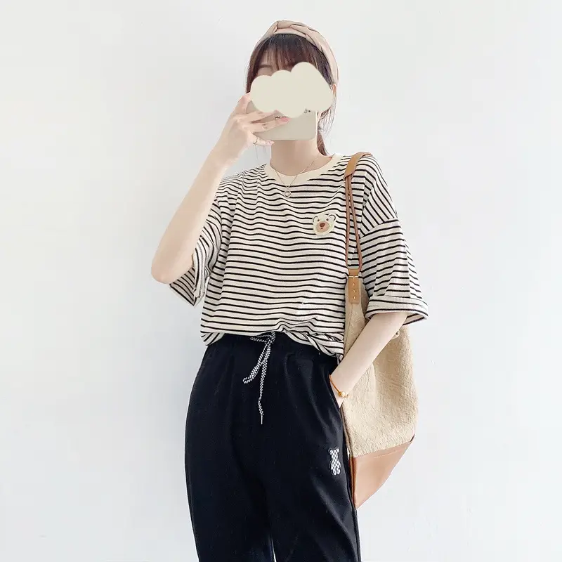 Women Cotton Striped T-Shirt Short Sleeve Round Neck - Image 5