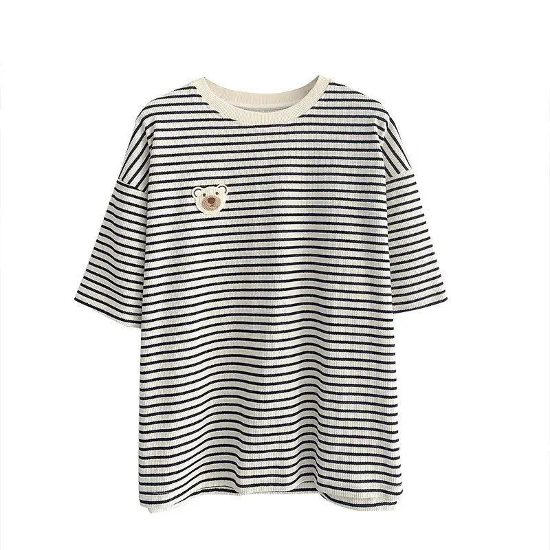 Women Cotton Striped T-Shirt Short Sleeve Round Neck - Image 6