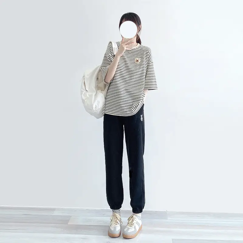 Women Cotton Striped T-Shirt Short Sleeve Round Neck — feature 29