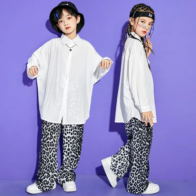 White Hip Hop Dance Suit for Boys Girls Leopard Pants - Image 4