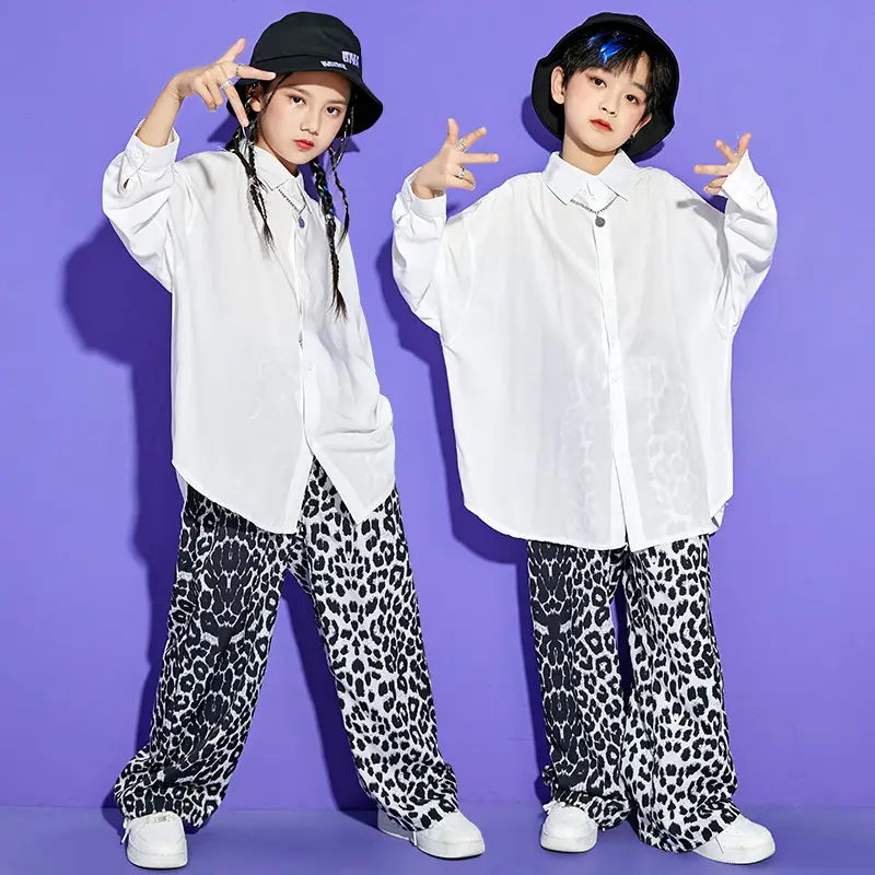 White Hip Hop Dance Suit for Boys Girls Leopard Pants - Image 5