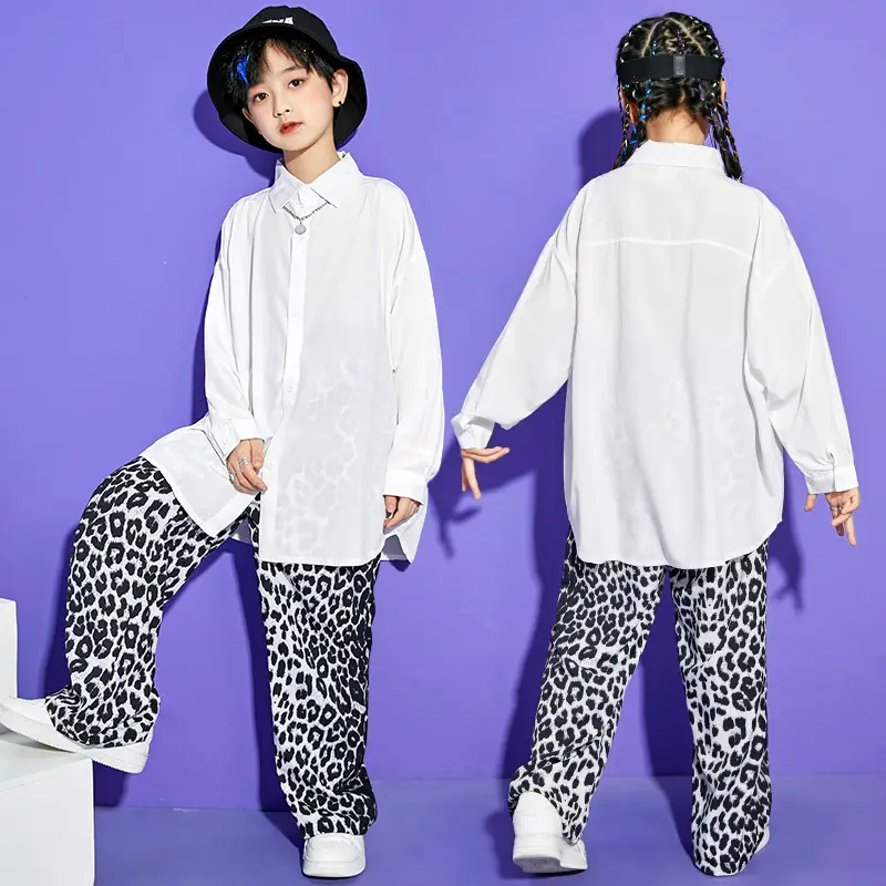 White Hip Hop Dance Suit for Boys Girls Leopard Pants - Image 6