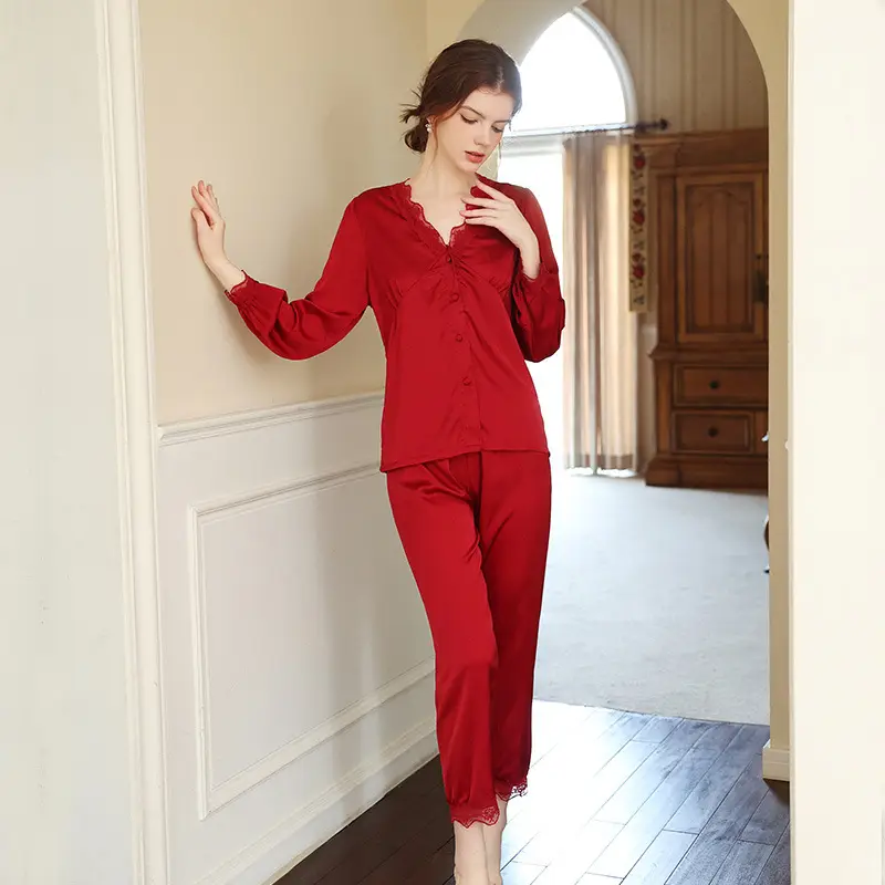 Women Satin Silk Pajamas Red Summer Two Piece - Image 7