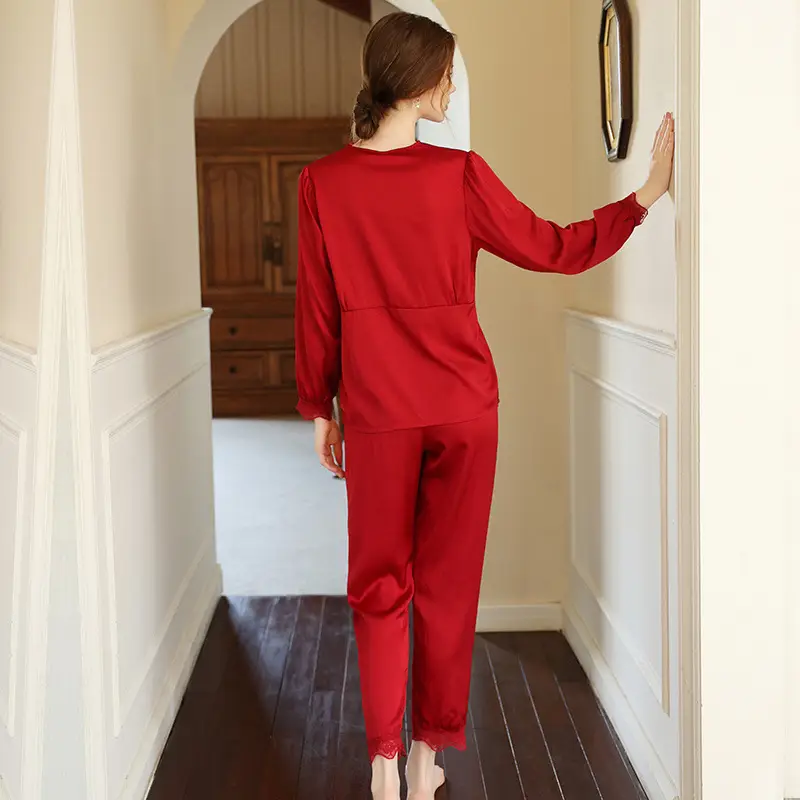 Women Satin Silk Pajamas Red Summer Two Piece - Image 8