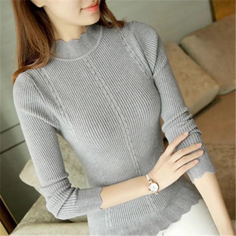 Women's Grey Long Sleeve Sweater Short Collar Slim Fit - Image 2