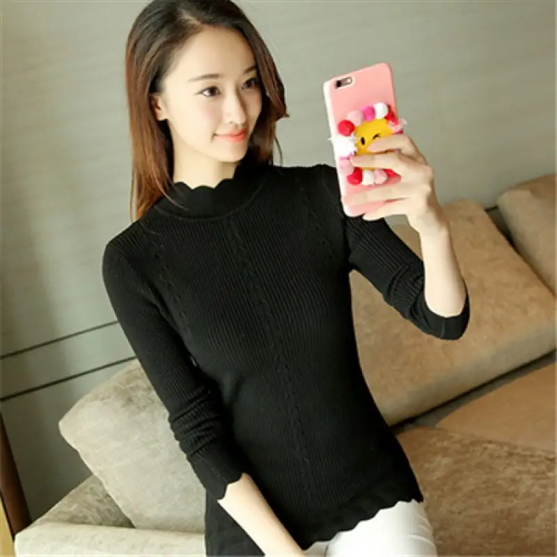 Women's Grey Long Sleeve Sweater Short Collar Slim Fit - Image 3
