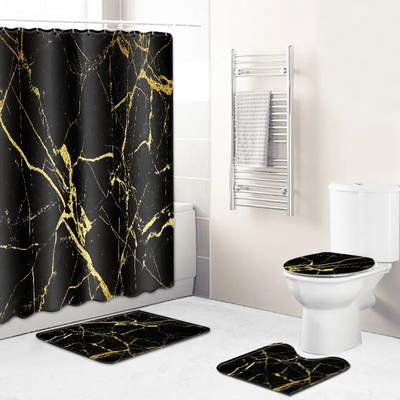 Black Gold Marble Shower Curtain Set - Image 3