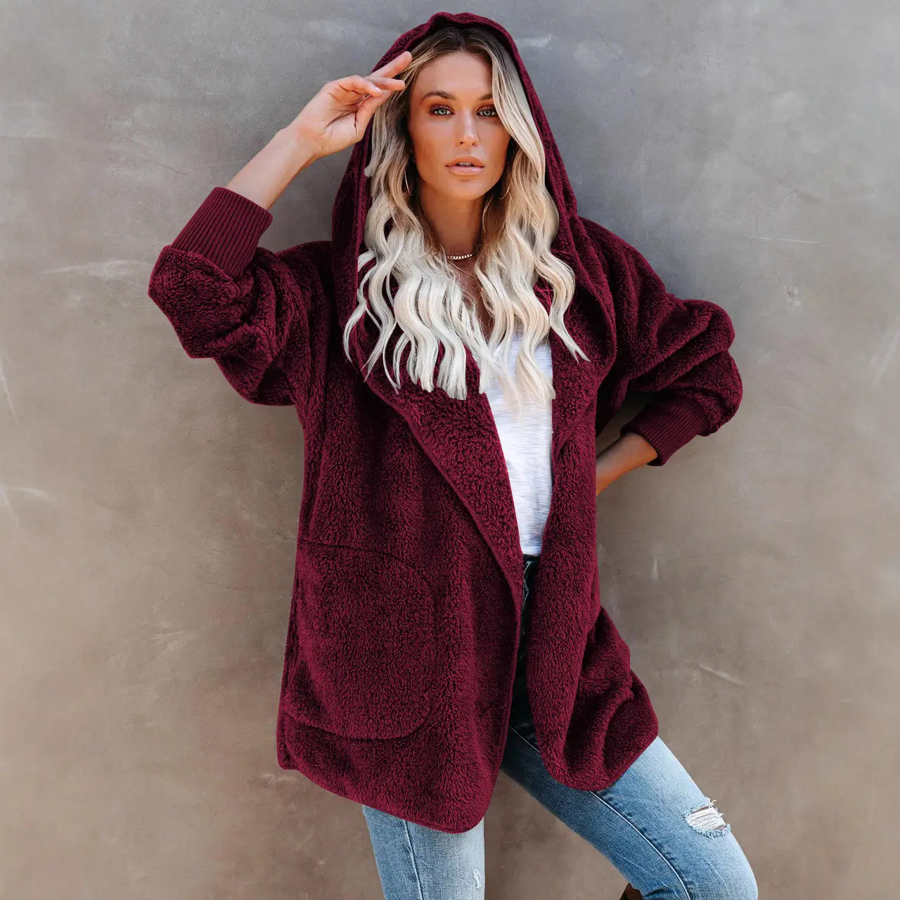 2022 Women's Long Sleeve Hooded Plush Cardigan Jacket - Image 11