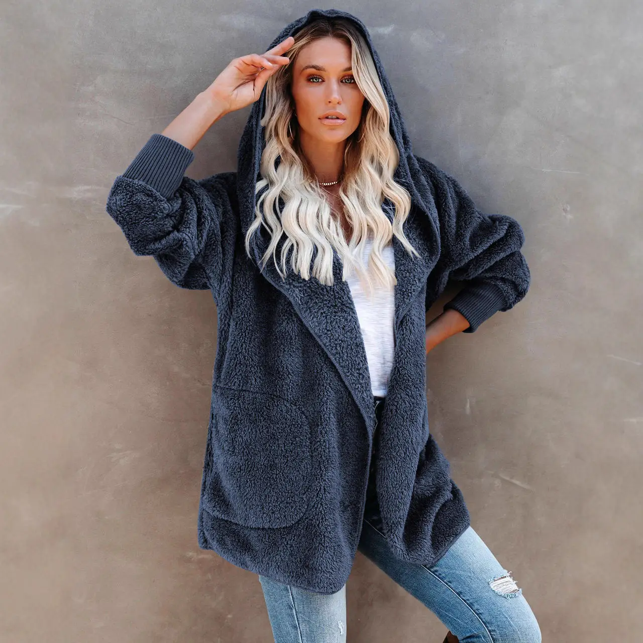 2022 Women's Long Sleeve Hooded Plush Cardigan Jacket - Image 12